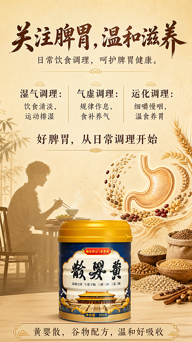 黄婴散产品海报，脾胃健康主题。温暖治愈米黄色背景。字体全部统一为古风书法宋体风格，主标题为深棕色书法大字，正文为深褐色宋体。左侧年轻人剪影坐在餐桌旁，右侧谷物食材环绕的健康胃部示意图。顶部主标题大字字号统一："关注脾胃，温和滋养"，副标题小字："日常饮食调理，呵护脾胃健康。" 中部三列健康提示："湿气调理：饮食清淡，运动排湿""气虚调理：规律作息，食补养气""运化调理：细嚼慢咽，温食养胃"。中间加粗金句："好脾胃，从日常调理开始"。底部放置一罐豫见黄婴散产品图，产品100%还原上传商品图的外形、包装、LOGO、印刷文字、净含量500克，配文："黄婴散，谷物配方，温和好吸收"。所有字体统一古风书法宋体，主标题字号统一大小，米黄色背景，商业海报质感，排版精美，文字清晰，9:16竖版。