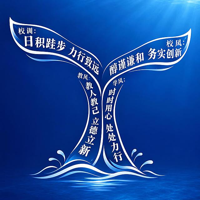 文字排版设计，将校训校风教风学风的文字以鲸鱼尾巴的形状排列，文字内容为：校训：日积跬步 力行致远，校风：醇谨谦和 务实创新，教风：教人教己 立德立新，学风：时时用心 处处力行。所有文字沿着鲸鱼尾巴的轮廓曲线排列，形成一个完整的鲸鱼尾巴造型，深蓝色渐变背景，白色文字，优雅大气的校园文化风格，高清细腻，文字清晰可读