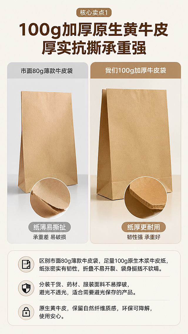 [第3屏] 核心卖点1：100g加厚原生黄牛皮，厚实抗撕承重强本屏使用【图1】展示纸袋整体。
[氛围/风格] 对比展示，真实材质突出，清晰商业摄影质感。
[元素布局] 左右分栏对比，左侧为市面80g薄款牛皮袋对比图，右侧为我们100g加厚牛皮袋，主图占比60%，左侧对比图占比30%，顶部标题区，底部文案说明。牛皮纸袋材质、颜色与实拍图一致。
[光影质感] 均匀布光，纸张纹理清晰可见，对比分明，整体通透。
[配色色系] 全局底色 #f5f0eb；主色牛皮纸黄棕色，对比浅灰色背景，深棕色文字。
[视角构图] 左右分栏对比构图，视觉焦点在右侧加厚牛皮袋，阅读动线从上到下从左到右。
[文字版式] 顶部主标题：100g加厚原生黄牛皮 · 厚实抗撕承重强；底部说明文字：区别市面80g薄款牛皮袋，足量100g原生木浆牛皮纸，纸张密实有韧性，折叠不易开裂、袋身挺括不软塌。分装干货、药材、服装面料不易撑破，避光不透光，适合需要避光保存的产品。文字排版清晰不遮挡主体。
[比例分辨率] 9:16竖版比例，4K分辨率，文字清晰可辨，高清画质。
[负向提示词] 纸袋变形，对比错乱，文字过小，颜色偏差，水印，结构错误。