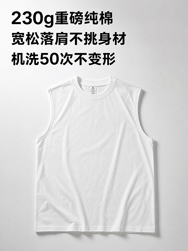 [第1屏 详情页头图] 卖点总结横幅头图，展示230G重磅纯棉美式无袖背心，核心卖点为230g重磅纯棉、宽松落肩不挑身材、机洗50次不变形。[氛围风格] 简约干净高级风，商业摄影质感，整体通透自然。[元素布局] 顶部大字展示核心卖点，中间位置展示背心全貌，保持背心外观、颜色、版型与输入产品图一致，主体占比约70%。背景为浅灰渐变，简洁不抢主体。[光影质感] 顶部柔和主光，侧面辅光，阴影自然，整体通透清晰，突出产品质感。[配色色系] 全局底色#f8f8f8，主体为产品原色，文字黑色，对比清晰。[视角构图] 正面平视，主体居中，画面满铺。[文字版式] 顶部三行卖点，每行一句，左对齐，大字加粗，清晰可读，不遮挡主体。[比例分辨率] 3:4比例，4K分辨率，文字清晰锐利。[负向提示词] 变形，水印，文字错乱，颜色偏差，背景杂乱。
