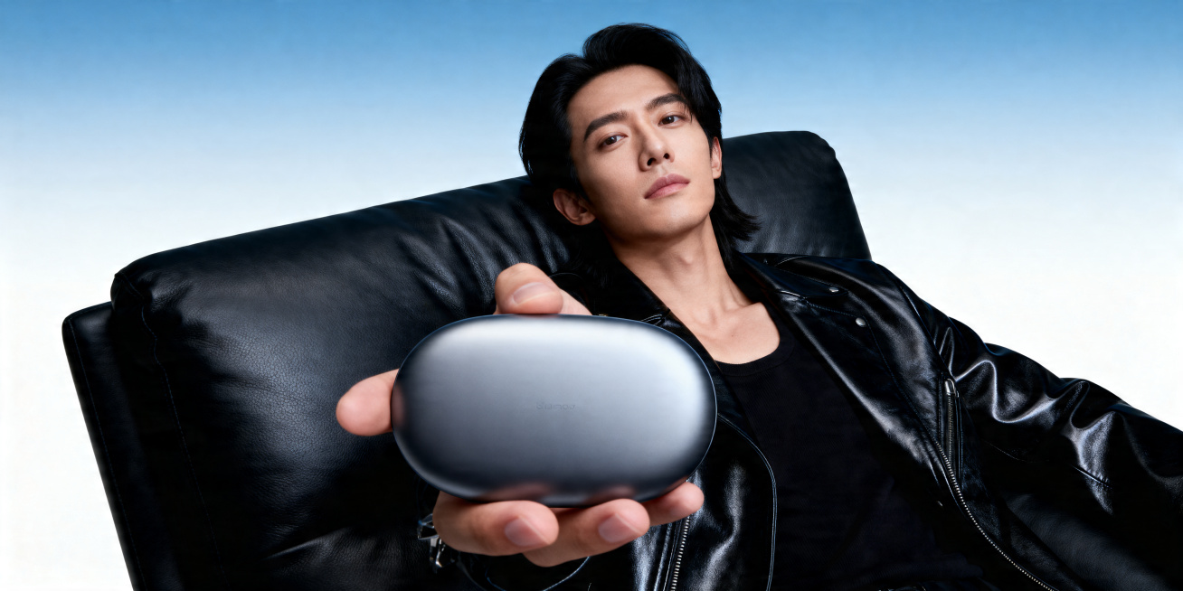 前景突出式中心构图，平视微仰视角，年轻亚洲男性模特，黑色中长发，黑色亮面真皮皮衣，黑色内搭，斜靠黑色超细腻牛皮革沙发，手掌向前托举椭圆形哑光金属智能设备，金属质感细腻高级；冷蓝白渐变背景，柔和精准布光预览效果