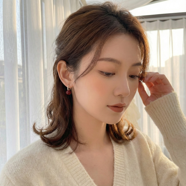 【强制保留图中耳饰】替换模特为轻法慵懒风女模特，佩戴红珠金镶钻耳环，轻薄暖调底妆，纤细内眼线自然睫毛，蜜桃色腮红，奶茶棕哑光唇，微卷中长发发尾微翘，阳光房窗边白色纱帘旁，低头整理耳侧碎发，暖光柔和，日预览效果