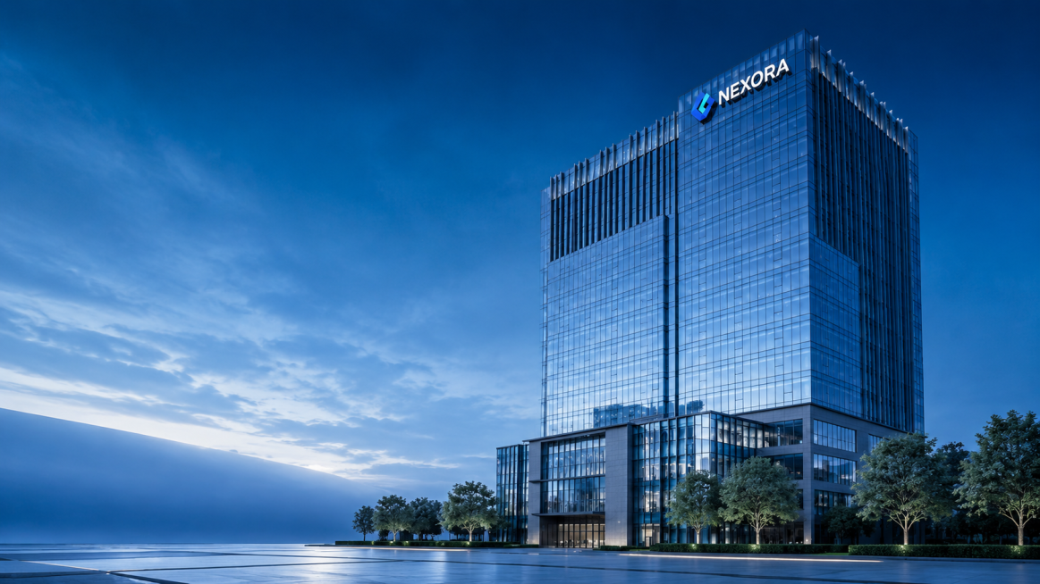保持企业大楼主体结构、建筑外观、蓝色公司Logo和门头"NEXORA"字样基本不变，精修成适合企业介绍PPT封面的高级背景：修正建筑透视，让大楼更端正挺拔大气；提升建筑外立面、玻璃幕墙和入口区域的质感预览效果