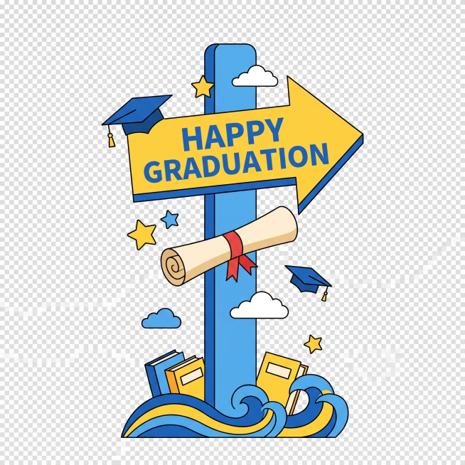 参考图片风格，生成一个蓝黄配色毕业季指引立牌装饰素材，包含文字 "HAPPY GRADUATION" 和毕业卷轴元素，箭头装饰，扁平化卡通风格，透明背景预览效果