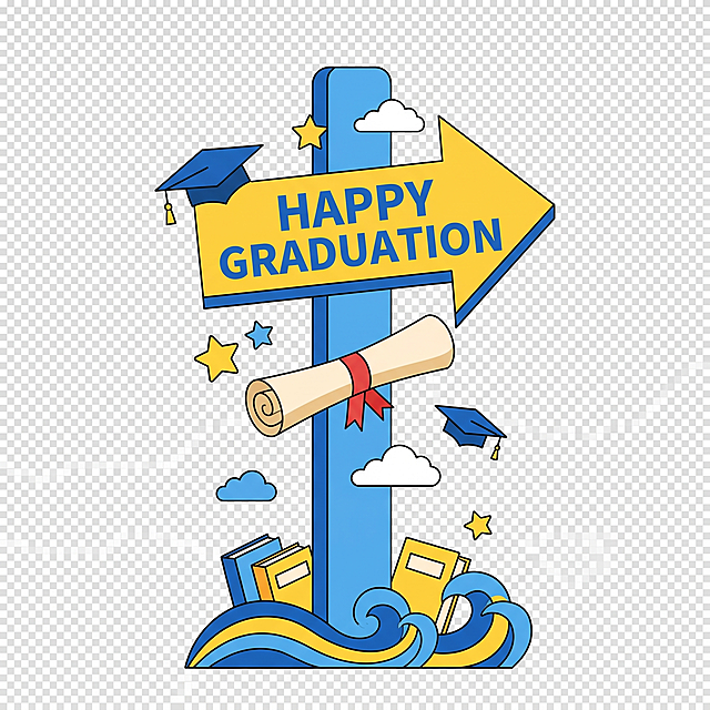 参考图片风格，生成一个蓝黄配色毕业季指引立牌装饰素材，包含文字 "HAPPY GRADUATION" 和毕业卷轴元素，箭头装饰，扁平化卡通风格，透明背景