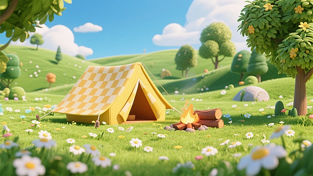 3D渲染风格，横向构图，春日草原露营场景，黄色格子纹帐篷搭在开满雏菊的绿草地上，帐篷旁是燃烧的木材火堆，周围有绿树、起伏草坡，蓝天白云，明亮清新的卡通渲染风格，细节丰富，色彩柔和
