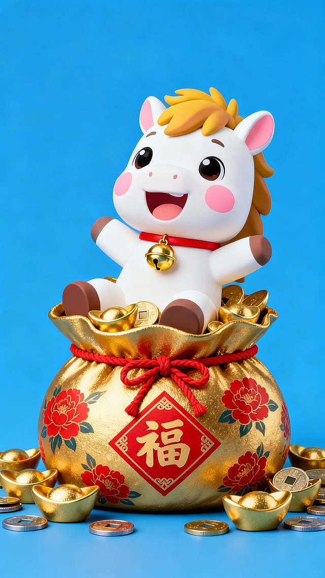 软3D风格的卡通小马，拟人化设计，坐于鎏金福袋之上，四周环绕金元宝与铜钱，喜庆十足，充满春节氛围。