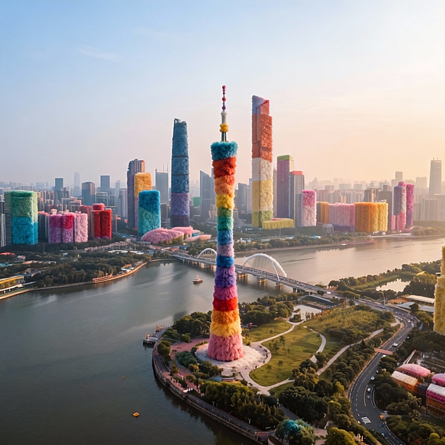 广州地标，广州塔周边建筑，整体呈现出全毛绒质感的风格，毛绒有层次感，毛绒颜色为彩虹色调。建筑保留原始形状，各个部分都如同被几种颜色柔软的毛绒材质精心包裹