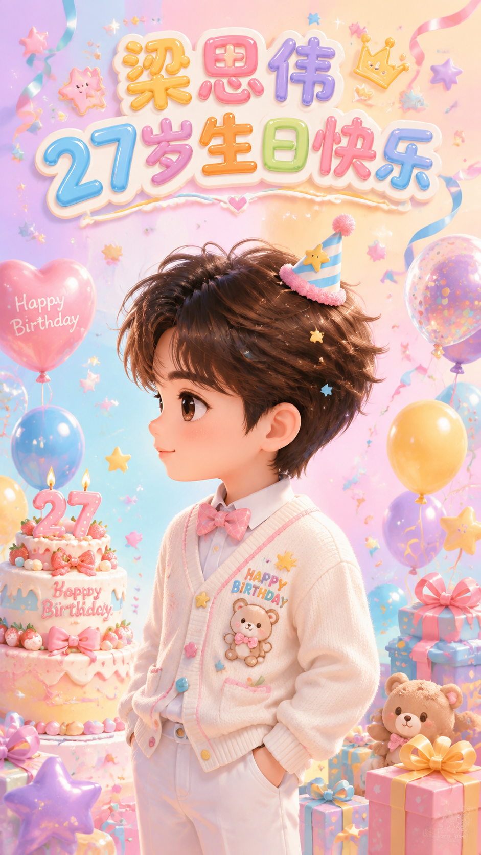 基于参考图中的人物，制作梁思伟27岁生日主题图片，可爱风格，竖… - 图片创意预览