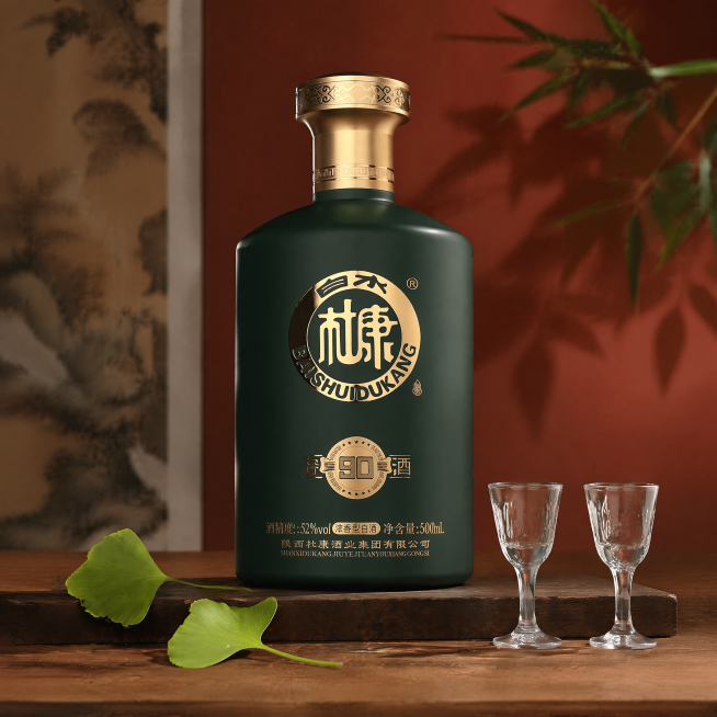 白水杜康窖90绿色瓶白酒，严格100%还原上传商品图的产品外形、包装、LOGO、印刷文字、净含量，完整保留原图中的瓶型、轮廓、结构、比例、瓶盖、标签版式、品牌logo、口味文字、容量信息、材质质感、绿预览效果