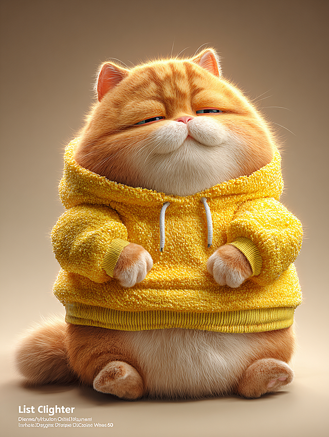 Prompt:
Front view full body shot, a cute chubby orange tabby cat, flat face, round cheeks, anthropomorphic pose, sitting lazily, wearing a yellow texture-rich cotton hoodie, paws resting on belly, arrogant and disdainful expression, half-closed eyes, Chinese 3D Donghua style (国漫风格), Light Chaser Animation style (追光动画风格), style of "White Snake: Origin", Unreal Engine 5 render, finely detailed fur simulation, ethereal lighting, volumetric fog, subsurface scattering, 8k, best quality --ar 3:4 --v 6.0 --no disney, pixar, western cartoon, plastic, clay