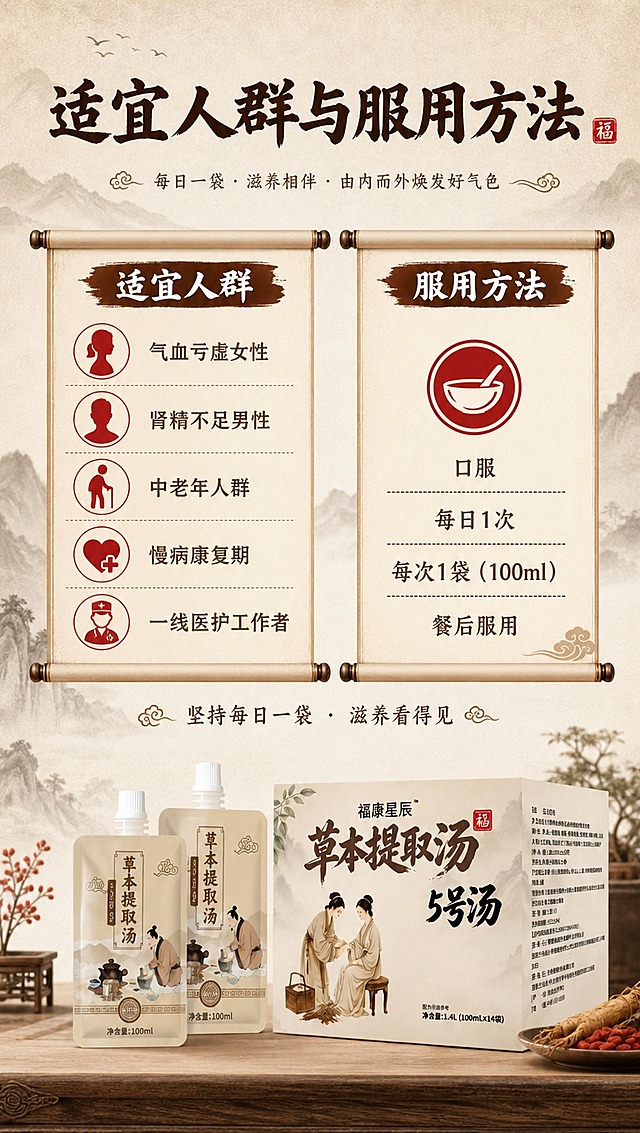 [商品] 使用【图1】福康星辰阿胶人参饮外盒+自立袋，保留包装原貌；产品真实完整，小面积展示于画面底部。
[画面] 目标：适宜人群页，清晰标注适用人群与服用方法。构图：信息卡片型，画面中部为主体信息区，用中式卷轴/屏风式排版呈现适宜人群和服用说明；底部产品组合陈列，占画面25%；背景为浅米色宣纸纹理，点缀水墨山水分隔。
[视觉] 套系策略：风格=新中式国潮养生商业摄影；标题字=书法宋体粗体（古朴厚重）；正文字=简洁宋体；主色=暖棕+米白；背景延展=基于暖棕米白做深浅层级、水墨晕染和宣纸质感；强调色=朱砂红，仅用于小面积印章、图标和标签；标题色=深棕褐；正文色=暖棕灰；组件=中式边框、云纹分割线、印章式标签；光影=左前侧暖柔光，柔和自然。
[文字] 顶部主标题「适宜人群与服用方法」，适宜人群：气血亏虚女性、肾精不足男性、中老年人群、慢病康复期、一线医护工作者；服用方法：口服，每日1次，每次1袋（100ml），餐后服用；文字均横排，字号清晰手机端可读。
[规格] 图片比例9:16竖版，4K分辨率，负向提示：避免变形、错字、文字过小、冷蓝背景、包装文字错乱、医疗化功效承诺、极限词。
