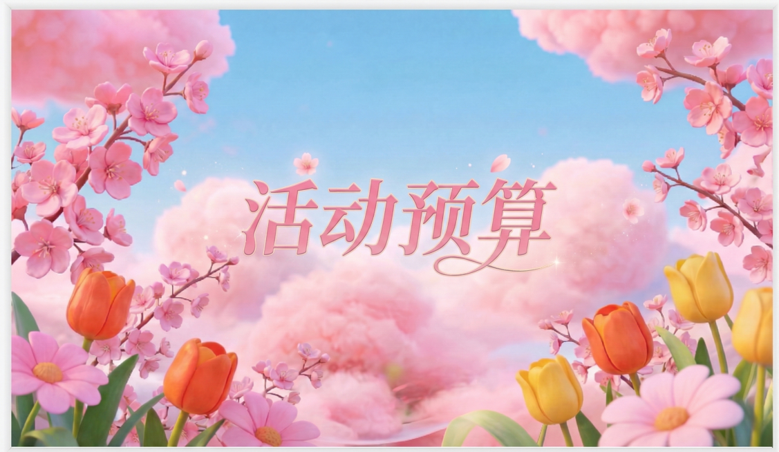 保持原图的樱花、郁金香、粉色云朵蓝天背景不变，将画面中的文字替换为活动预算，字体和原文字相同，颜色为粉色预览效果