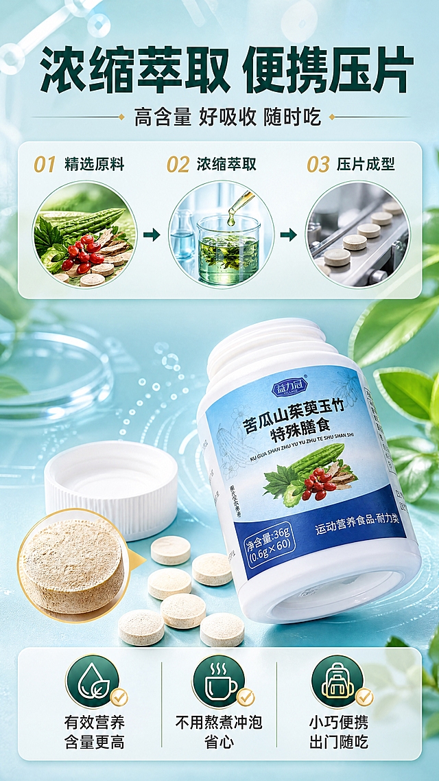 [商品] 使用【图1】益力冠苦瓜山茱萸玉竹特殊膳食白色药瓶；保留瓶身所有结构、颜色、Logo、标签文字与图案；画面展示开盖状态，瓶口倒出几片圆形压片糖果，压片为浅米色小圆片。
[画面] 页面目标：工艺与剂型页，讲浓缩萃取+便携压片两大优势。构图：上下分屏，上半部分展示浓缩萃取工艺示意（草本原料→萃取浓缩→压片成型的三步流程），下半部分展示产品与散落的压片特写；压片微距特写，能看到细腻质地；背景为浅蓝绿色调，带科技感光晕与草本元素。
[视觉] 套系策略：风格=国内电商草本健康风，清爽干净有活力；标题字=粗黑体，厚重有力；正文字=常规无衬线黑体，清晰易读；主色=天空蓝+草本绿；背景延展=基于蓝绿做深浅渐变、同色系光晕和细腻磨砂质感；强调色=暖金色，仅用于小面积图标、对勾、标签点缀；标题色=深蓝绿；正文色=深灰；组件=圆角信息卡、细线引线、胶囊标签；光影=左前侧柔光，瓶身有自然高光与底部投影。
[文字] 顶部主标题"浓缩萃取 便携压片"，副标题"高含量 好吸收 随时吃"；三步工艺配文字："精选原料""浓缩萃取""压片成型"；下方3个卖点："有效营养含量更高""不用熬煮冲泡 省心""小巧便携 出门随吃"；文字全部横向排版，步骤清晰。
[规格] 图片比例9:16竖版，4K，负向提示：避免变形、错字、文字过小、压片形状颜色失真、医疗化承诺、极限词。