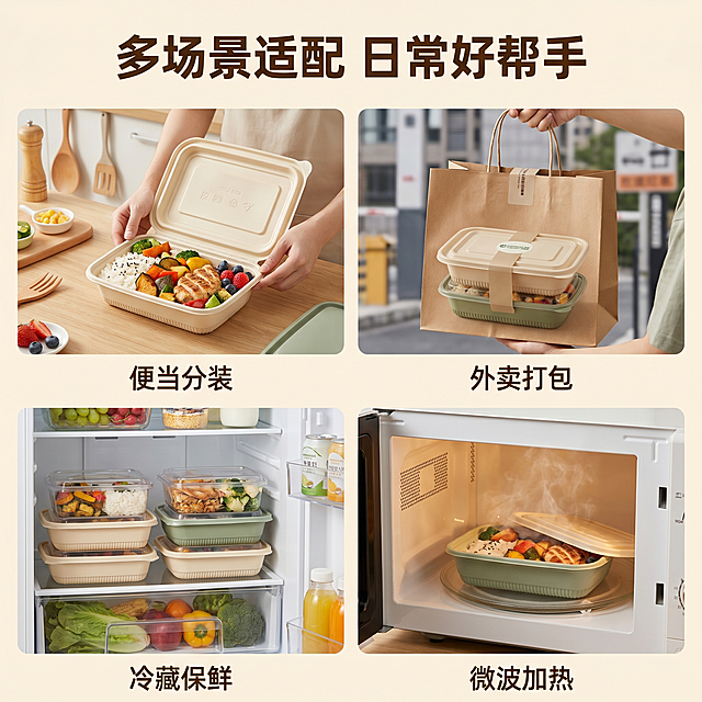 [主图 4] 一次性餐盒多场景适用展示图。
[氛围风格] 统一温馨家居生活氛围，和前面主图风格保持一致
[画质] 商业摄影质感、光线柔和通透、产品清晰真实、画面干净高级
[元素] 采用四格宫格布局，四个小场景分别展示：1. 厨房备餐装便当 2. 外卖打包送餐 3. 冰箱冷藏保鲜 4. 微波炉加热使用。每个场景中都出现这款米黄色可降解一次性餐盒，保持产品外观材质颜色和原图完全一致，无变形色差。整体画面干净整洁，场景自然真实。
[光影] 每个小场景都使用明亮柔和自然光，光影统一，整体通透舒适。
[配色] 整体浅木色+浅白+浅草绿，和之前主图配色体系统一，清新温馨。
[视角构图] 宫格均分构图，每个场景主体餐盒清晰可见，画面满版无边框。
[文字版式] 顶部居中主标题「多场景适配 日常好帮手」，粗体深棕色。每个小场景下方配小字标注：「便当分装」「外卖打包」「冷藏保鲜」「微波加热」，字体统一阿里巴巴普惠体，文字清晰不遮挡产品。
[比例分辨率] 1:1比例，2k分辨率；文字清晰锐利，画面超高清。
[负向提示词] 变形，水印，文字错乱，产品模糊，背景杂乱，场景违和。