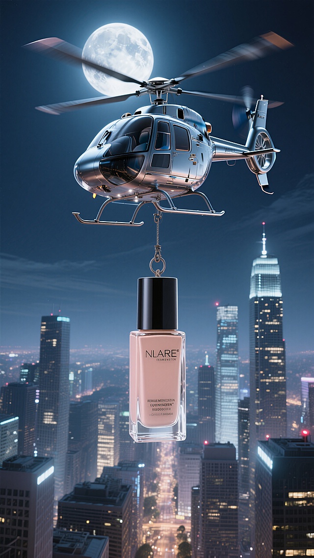 未来感3D风设计，直升机悬挂粉底液，超现实主义城市夜景，梦幻金属光泽。