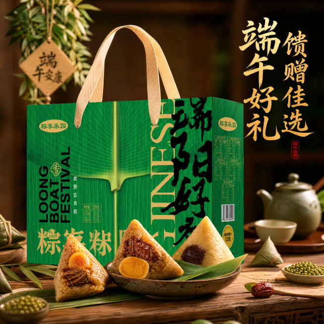 [主图-4] 端午礼盒送礼场景主图，延续国潮绿色风格，使用图2产品生成。
[氛围风格] 温馨节日氛围，中式端午送礼场景
[画质] 高清商业摄影，画面干净高级
[元素] 图2的粽子礼盒放置在实木中式茶桌预览效果