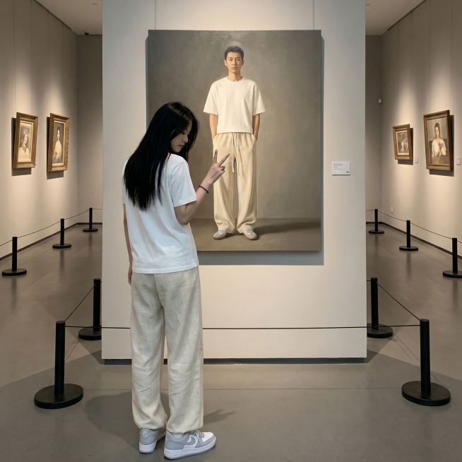 一位清冷气质的18岁东亚年轻女生，留着黑长直发型，身穿纯白色短袖上衣，下身搭配米白色亚麻休闲阔腿裤，脚踩浅灰色耐克板鞋。她身后是一幅等身大正方形的男性写实油画，画中人物穿着同款上衣和同款亚麻休闲裤，双预览效果