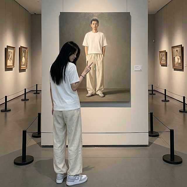 一位清冷气质的18岁东亚年轻女生，留着黑长直发型，身穿纯白色短袖上衣，下身搭配米白色亚麻休闲阔腿裤，脚踩浅灰色耐克板鞋。她身后是一幅等身大正方形的男性写实油画，画中人物穿着同款上衣和同款亚麻休闲裤，双手插兜，与女生形成呼应式穿搭。展厅两侧墙面挂有小幅艺术画作，地面设有黑色隔离立柱，女生歪头，右手抬手比耶，微微侧身但是不露脸，双腿轻交叉，整体氛围清冷高级，兼具艺术感与穿搭展示性，光线柔和且层次分明，突出人物与画作的互动感