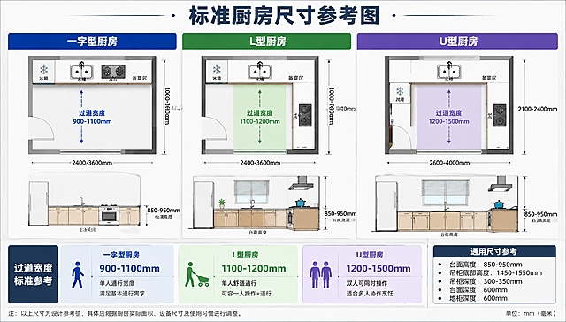 标准厨房尺寸参考图，分别展示一字型、L型、U型三种厨房布局，用不同色块区分标注每种布局对应的过道标准宽度，清晰直观的尺寸参考图，排版规整，文字标注清晰