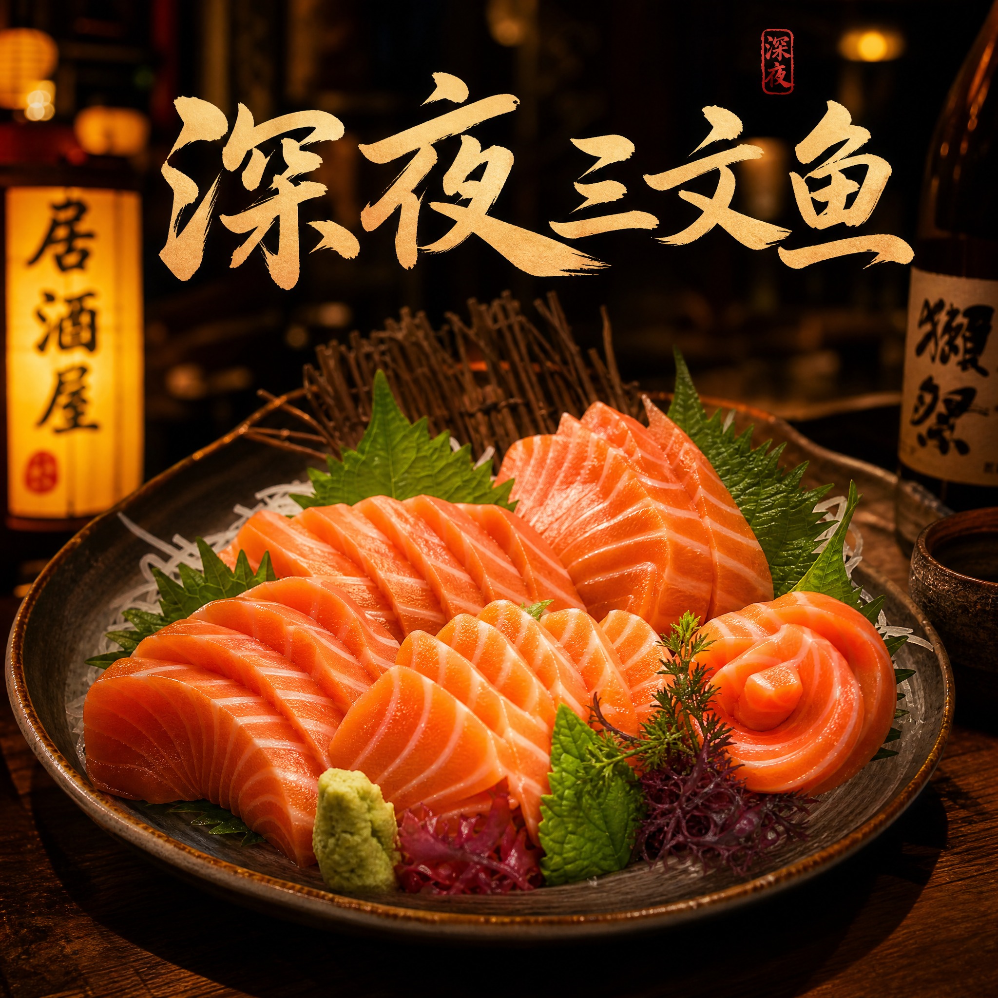 深夜三文鱼店铺头像，写实风格，画面中央是新鲜的三文鱼刺身拼盘，… - 图片创意预览