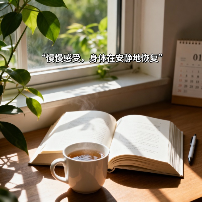 一杯白色陶瓷杯装的温水（冒着热气）、一本书、一束柔光、窗台上的绿植、简洁的日历，窗外有一些绿色植物，图片避免使用太抽象或带强烈情绪的插图，保持画面干净、宁静、温暖。要求：光从窗外斜着进来，落在杯沿、书预览效果