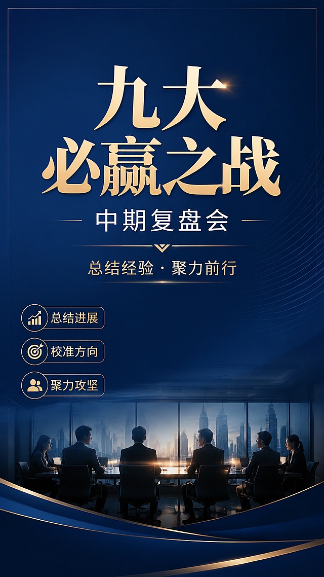 正式商务风格会议海报，写实商业摄影，会议氛围，简约大气商务风，主视觉为大标题居中，主标题"九大必赢之战"，副标题"中期复盘会"，下方装饰短句"总结经验 · 聚力前行"，侧边分散三个卖点标签："总结进展"，"校准方向"，"聚力攻坚"，背景为深蓝色渐变简约商务背景，整体构图居中，信息分区清晰，排版精美，四边留白安全边距，文字清晰可读，整体色调深蓝+浅金高级配色，光影柔和，超高清画质