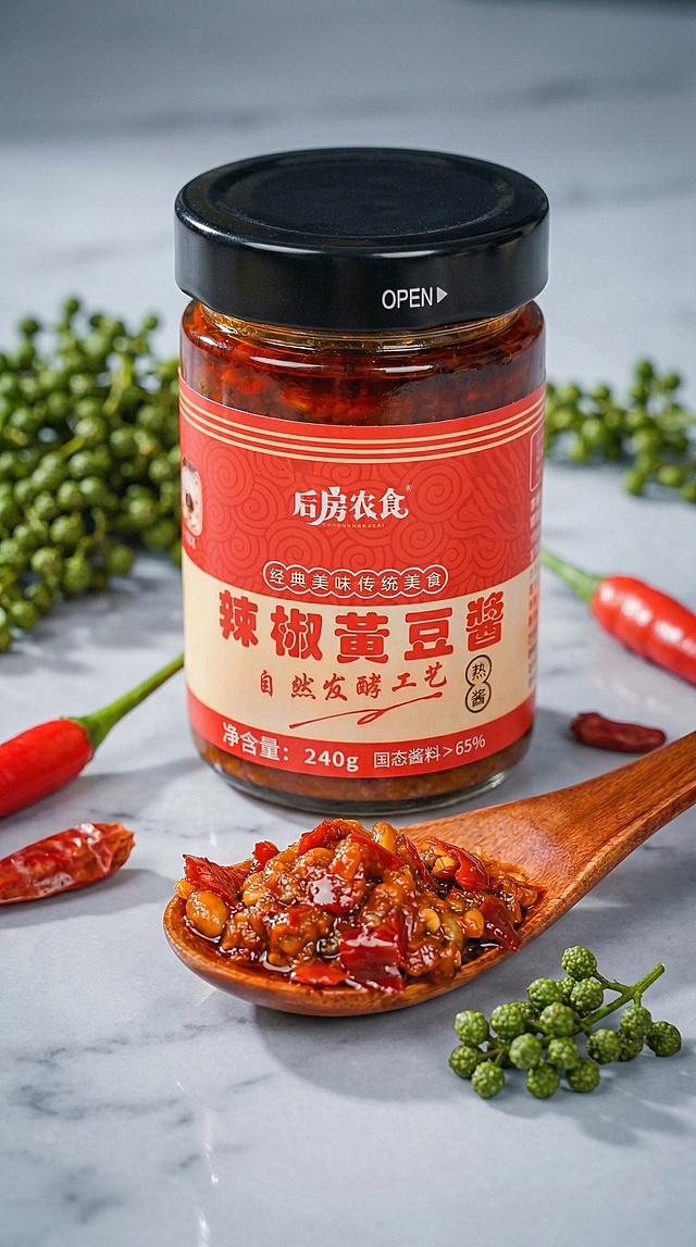 保留产品瓶身、所有文字图案和酱料完全不变，形状结构颜色特征一字不改。更换为全新差异化场景：浅灰色大理石台面上，搭配新鲜青花椒和红辣椒点缀，冷调暖光对比，突出油润透亮质感，微距特写，浅景深，干净极简高级风，商业美食摄影，超有食欲
