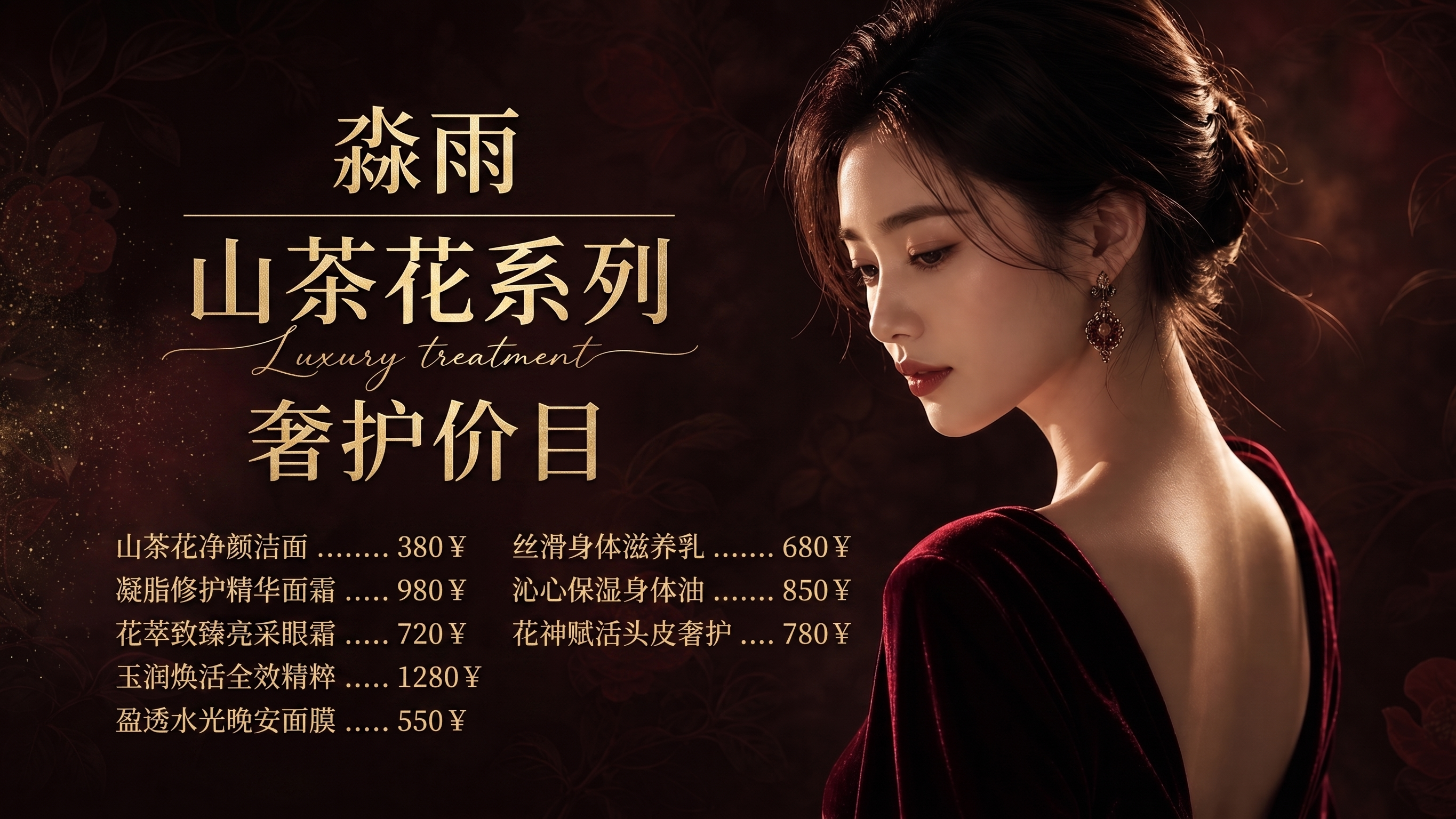 左侧增加文字：“淼雨 · 山茶花系列 · 奢护价目”，字体为优… - 图片创意预览