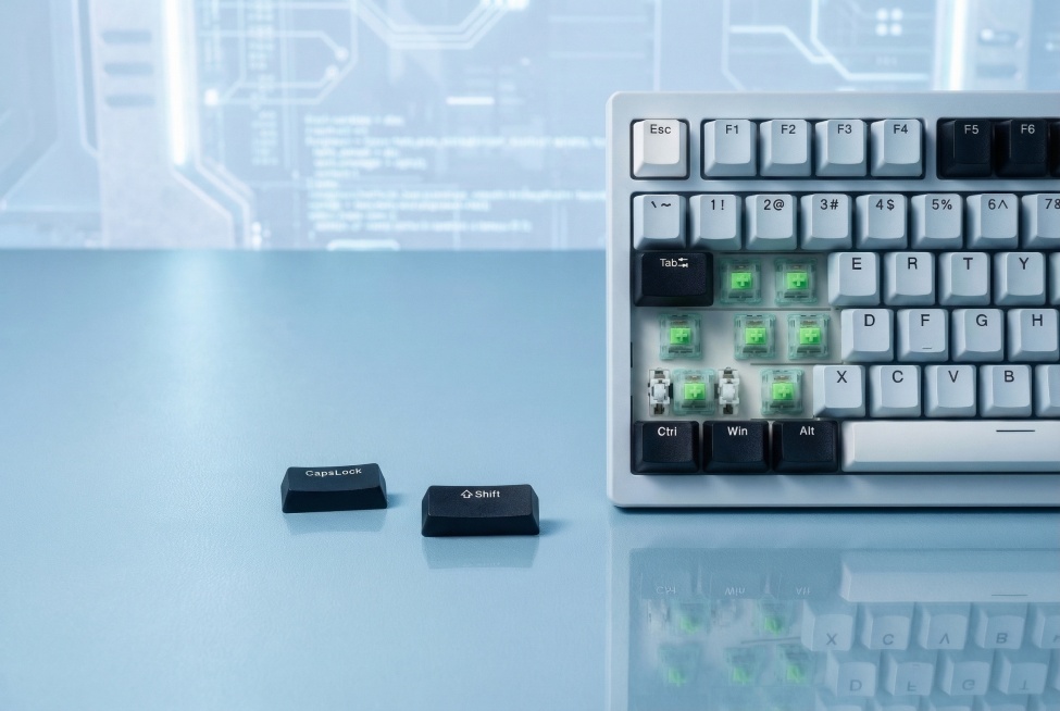 将图中的水面桌面背景更换为淡蓝色调的简约质感桌面，保留键盘、散落键帽和倒影效果，整体光影协调，风格清新科技感预览效果