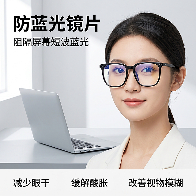 [主图-1] 黑色方框防蓝光眼镜模特佩戴展示首图。
[氛围风格] 简约舒适办公场景，明亮干净，自然实用。
[画质] 商业摄影质感，光线柔和通透，产品清晰真实，画面干净高级。
[元素] 亚洲年轻女模特佩戴这款黑色方框防蓝光眼镜，模特面向镜头，眼镜清晰展示在面部。浅灰色办公桌面，背景为干净的浅色墙面，旁边放着一台打开的笔记本电脑。保持眼镜外观（物理结构、材质质感、颜色）与输入产品图绝对一致，杜绝任何变形和色差，精细化处理。商品主体（眼镜）占比严格控制在60%-80%之间，画面满屏无边框。
[光影] 自然光从左侧照射，主光明亮柔和，勾勒眼镜轮廓，背景均匀亮度，暗部有层次，无过度曝光。
[配色] 主色调为浅灰白，黑色眼镜框作为对比，整体干净清爽。
[视角构图] 平视视角，模特面部和眼镜为视觉中心，景深适中，轮廓完整。
[文字版式] 左上负空间左对齐留安全边距，大字主文案"防蓝光镜片"黑色粗体无衬线，下方辅助小字"阻隔屏幕短波蓝光"约半高同色。底部三列均分，第一列"减少眼干"第二列"缓解酸胀"第三列"改善视物模糊"，文字清晰干净，不遮挡主体。
[比例分辨率] 1:1比例，800*800像素，文字清晰可辨，超高清。
[负向提示词] 变形，文字错乱，产品图模糊，背景杂乱，水印，电商平台Logo，模特换脸