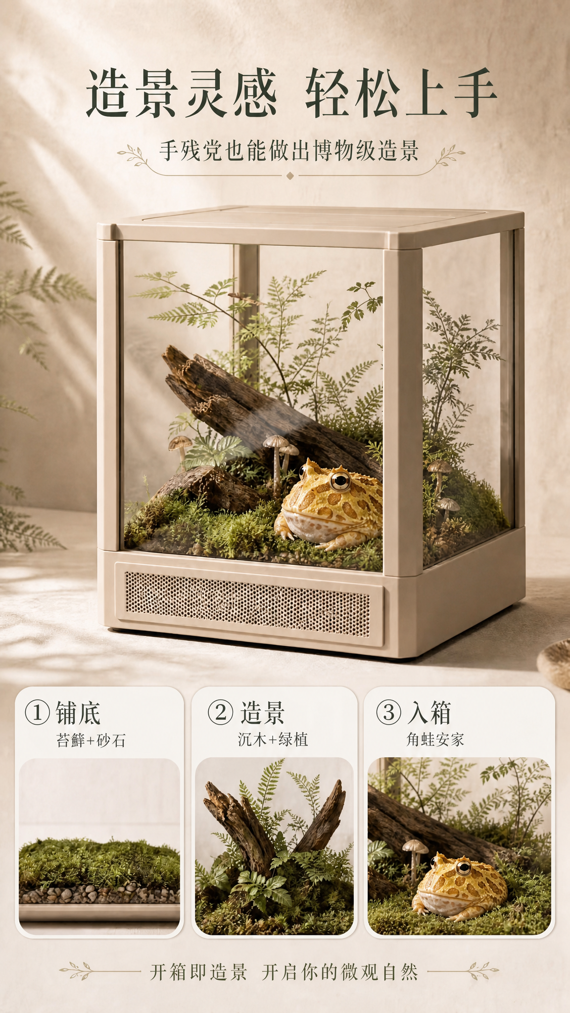 将饲养箱内部的螳螂替换为角蛙：箱内保留苔藓、沉木、绿植、小蘑菇… - 图片创意预览
