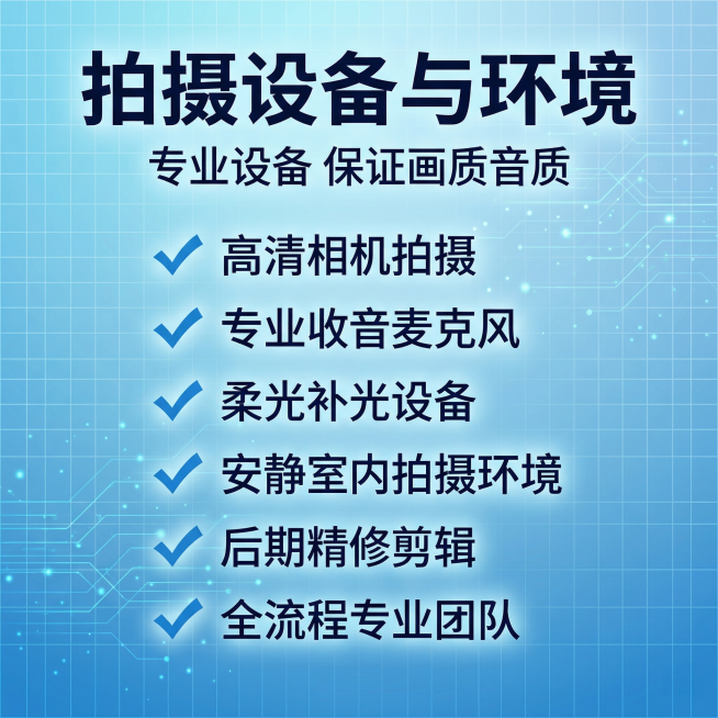 [主图 6] 专业拍摄设备与环境展示
[氛围/风格] 专业商务科技风，清爽明亮，和全套主图风格统一
[画面元素] 蓝色科技渐层背景，低对比细网格+微光点粒子作底。顶部大标题，下方六个设备要点竖向排列，预览效果