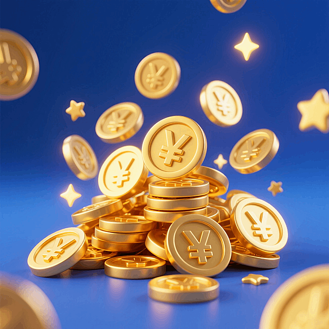 一堆撒下的带有¥符号的金币，金色小星星元素点缀，蓝色背景