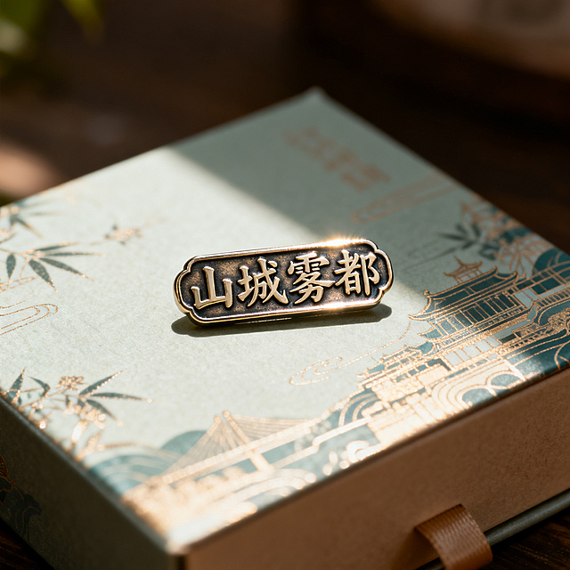 将这枚“山城雾都”金属徽章放置在精美的文创礼盒包装上，生成精美的文创周边应用模拟展示图，风格雅致，光影自然，突出徽章质感，整体构图和谐美观
