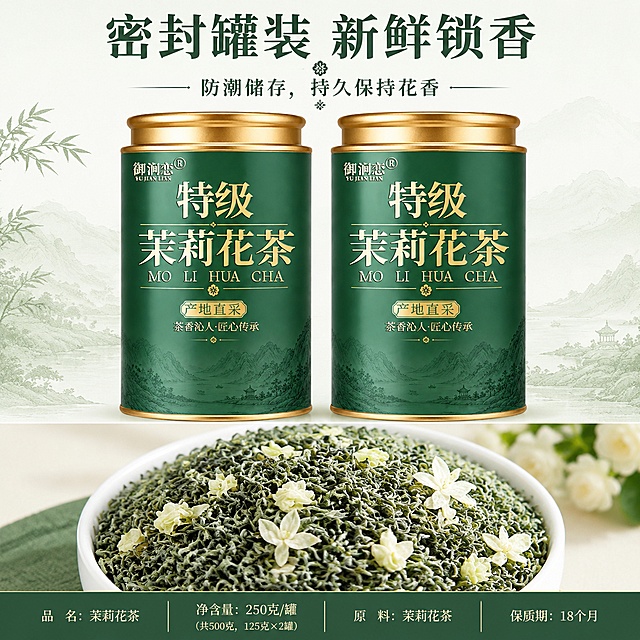 [第7屏] 茉莉花茶包装规格展示详情页。本屏使用【图1】和【图2】共同展示产品包装规格，【图1】双罐组合，【图2】干茶细节。
[氛围/风格] 产品全家福展示，规整清晰，真实质感
[元素布局] 画面上半部分展示两罐产品包装并排摆放，占比约50%，产品结构颜色与输入图一致；下半部分展示干茶叶盛放白碗的细节特写，补充说明茶叶形态；整体布局上下分区，信息清晰
[光影质感] 均匀顶部柔光，产品和干茶细节清晰，明暗自然
[配色色系] 全局底色 #f5f9f5；主色深茶绿色；辅助色金色罐口，白色瓷碗
[视角构图] 平视全景构图，上下分区清晰，一目了然
[文字版式] 顶部标题「密封罐装 新鲜锁香」，副标题「防潮储存，持久保持花香」，深绿色加粗字居中，底部标注净含量信息，文字清晰不遮挡产品主体，遵循全套统一字体风格
[比例分辨率] 1:1 方图，4K分辨率，文字清晰可辨，高清画质
[负向提示词] 产品变形，缺罐错罐，包装文字错乱，文字过小，颜色偏差