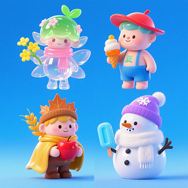 4个Q版图形各自独立占画面一个空间：春元素、夏元素、秋元素、冬元素，宝蓝色背景