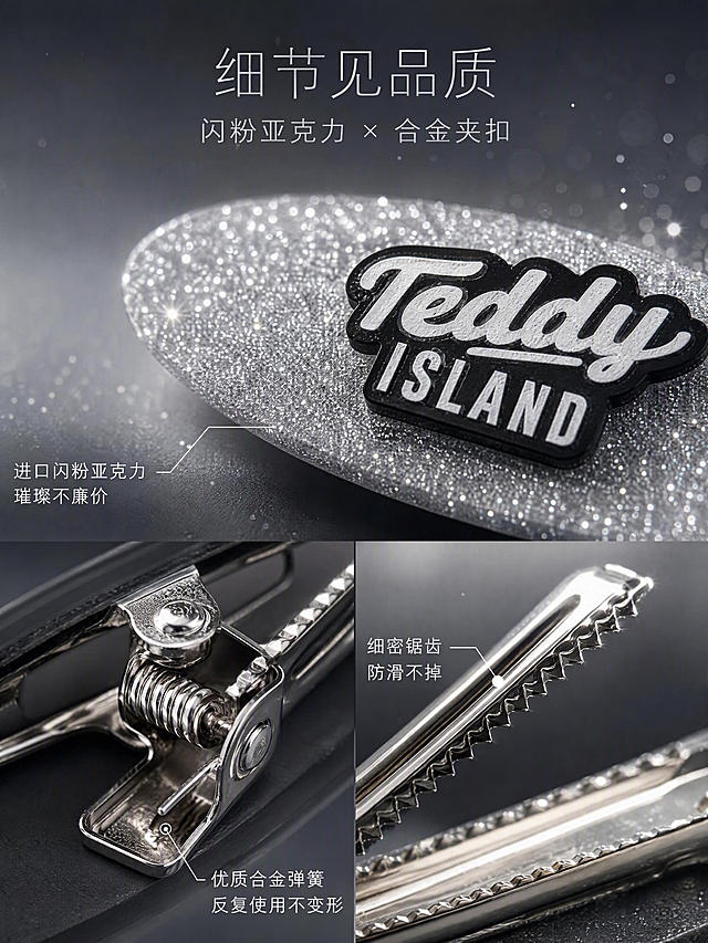 [第4张] 工艺细节页 - 闪粉亚克力材质+金属夹扣微距质感展示。本张使用【图1】银色闪粉款做材质特写，【图2】金属夹扣做结构特写，保持产品细节与原图一致。
[氛围/风格] 微距质感大片，高级珠宝感，细腻精致，商业摄影微距质感。
[元素布局] 画面上半部分为银色闪粉亚克力表面微距特写，闪粉颗粒清晰可见，晶莹剔透，占画面约50%；画面下半部分左侧为金属鸭嘴夹弹簧结构特写，右侧为夹齿细节特写；背景为深灰到银灰的渐变，突出材质光泽；周围有细碎光斑点缀。
[光影质感] 侧光打亮闪粉颗粒，形成璀璨的星光效果；金属部分有明显高光带和暗部对比，体现金属硬度和光泽；整体光影细腻，质感突出。
[配色色系] 全局底色 #2A2A33 深灰到银灰渐变；主色银色闪粉+金属色；辅助色深灰、黑色；点缀色白色高光。
[视角构图] 微距特写视角，上下分区，上大下小；视觉中心在闪粉材质特写。
[文字版式] 标题字形为纤细高级无衬线字体。上方主标题「细节见品质」，副标题「闪粉亚克力 × 合金夹扣」；闪粉特写旁标注「进口闪粉亚克力 璀璨不廉价」；金属夹扣旁标注「优质合金弹簧 反复使用不变形」；夹齿旁标注「细密锯齿 防滑不掉」；文字用细线引出，字号适中，银白配色。
[比例分辨率] 3:4 竖版比例，4K分辨率，文字清晰可辨。
[负向提示词] 材质变形，闪粉质感丢失，金属质感差，水印，文字错乱，产品模糊。