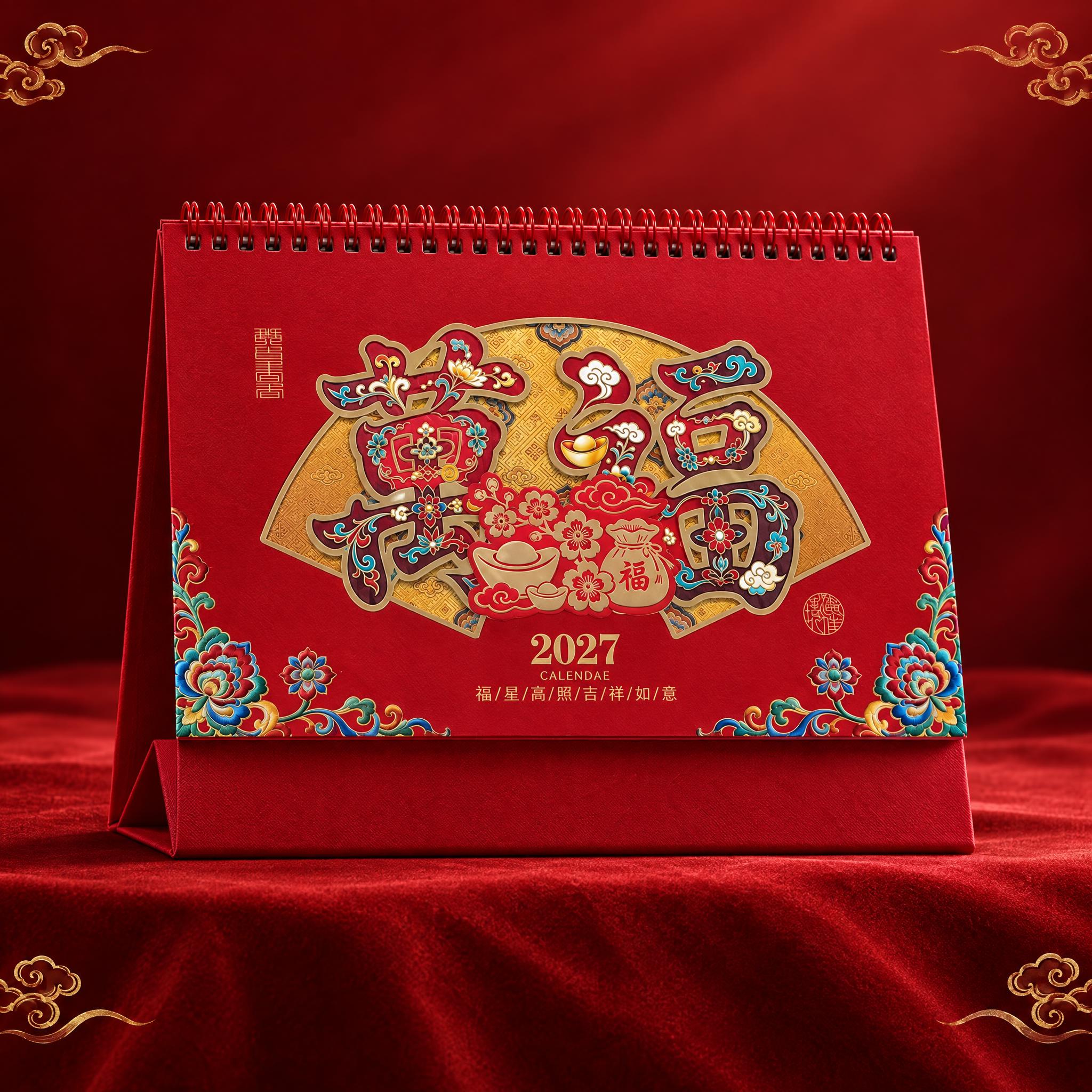 基于用户提供的万福款台历原图，生成一张红色背景的高端单品选品图… - 图片创意预览