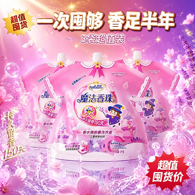 [主图-6] 囤货装价值感首图
[氛围风格] 超值囤货感 梦幻粉紫调 抖音强视觉冲击 洁净香氛氛围
[画质] 商业摄影质感 高清实拍风 光线明亮通透 产品堆叠有层次 画面饱满高级
[元素] 画面中央堆叠展示3袋柔欣魔法香珠洗衣露袋装产品 前排1袋正面完整展示 保持产品外观物理结构材质质感颜色与输入产品图完全一致 杜绝任何变形和色差 后排左右各1袋略微错开 形成丰富的堆叠层次感 商品整体占比约70% 产品周围环绕漂浮的粉色樱花花瓣 紫色香紫苏花朵 金色魔法星光粒子 半透明香氛气泡 底部有大量晶莹的水滴飞溅效果 体现洁净感 背景为粉紫渐变梦幻光晕 底部有柔和的镜面倒影 左上角放置金色爆炸贴装饰元素 右下角点缀透明香水瓶剪影 画面满屏无边框
[光影] 主光从左上方45度打下 柔和漫射光 前排产品正面均匀受光 袋身有自然的高光过渡 后排产品略暗形成层次 右侧辅光提亮暗部 底部有柔和的环境光反射 整体光比舒适 高光不溢 暗部有层次 魔法粒子有自发光效果 营造梦幻通透感
[配色] 主色调樱花粉 香紫苏紫 渐变过渡 辅助色金色星光 白色高光 绿色叶片点缀 整体粉紫梦幻配色 少女感十足
[视角构图] 略微仰视正面角度 产品堆叠居中为视觉中心 前中后景分层 前景水滴花瓣 中景产品堆叠 背景渐变光晕 景深中等 轮廓完整不裁切
[文字版式] 画面顶部居中大标题 一次囤够 香足半年 白色粗体大号字 带金色描边 下方副标题 3袋超值装 粉色中号字 左下角竖排小字 持久留香150天 金色手写体 右下角红色爆炸形标签 超值囤货价 白色字 文字全部放在负空间 不遮挡产品主体 字体现代无衬线 清晰锐利
[输出要求] 1:1比例 文字清晰可辨 超高清商业摄影质感
[负向提示词] 变形 文字错乱 产品图模糊 背景杂乱 水印 电商平台Logo 多余的手 多余的手指 畸形手 融合手指 手部扭曲 肢体穿模 人物面部扭曲 关节反折