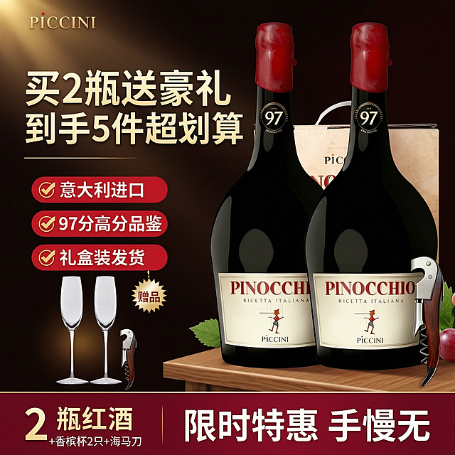 [单张主图] PINOCCHIO比诺曹红葡萄酒双支装 爆款促销感主图 核心传达买两瓶送香槟杯套装+海马刀的超值促销利益 3秒内看懂卖什么送什么为什么现在买

[画面主体] 画面中央偏右位置摆放两瓶PINOCCHIO比诺曹红葡萄酒 瓶身标签完整清晰 红色蜡封瓶盖 黑色瓶身 白色标签印有PINOCCHIO字样和匹诺曹小人图案 瓶身97分圆形徽章清晰可见 两瓶酒前后错落摆放 正面朝向观众 主体占画面50%-55% 产品外观颜色结构Logo与输入产品图完全一致 酒瓶后方露出棕色手提礼盒一角 增加礼盒装价值感

[构图版式] 采用荣誉价格堆叠型版式 顶部放品牌信息通栏 左侧35%-40%放超大促销利益点和卖点胶囊 右侧产品双瓶堆叠占55% 底部20%-25%用高饱和酒红色促销通栏收口 左侧放赠品礼包展示 右侧放核心卖点

[场景元素] 背景为深酒红色到黑色的渐变底色 带有细微的木纹质感和柔和的聚光灯光效 酒瓶下方有精致的木质台面承托 投射自然的阴影 左上方有金色光芒点缀增加高级感 画面右侧散落一两片葡萄叶和一颗红葡萄作为装饰元素 提升品类联想

[赠品展示] 画面左下角清晰展示赠品 一套两只透明玻璃香槟杯并排摆放 杯脚纤细 杯身通透 旁边放一把木质手柄的海马刀开瓶器 斜靠在香槟杯旁 赠品上方有金色爆炸贴样式的标签 写着赠品字样 赠品整体占画面左下区域约20% 清晰可见不抢主产品

[文案版式] 左上角安全区放品牌Logo Piccini 金色字体
主标题位于画面左上方 分两行超大粗黑体白字 第一行"买2瓶送豪礼" 第二行"到手5件超划算" 字体厚重有力量 字色为白色加轻微金色描边 主标题下方有三个红色圆角矩形卖点胶囊 白字分别写"意大利进口" "97分高分品鉴" "礼盒装发货" 每个胶囊前有金色对勾图标
底部酒红色通栏内 左侧大号金色数字"2瓶红酒" 旁边小字"+香槟杯2只+海马刀" 右侧放"限时特惠 手慢无"白色粗体字 通栏上方有一条细金线装饰

[光影质感] 商业摄影质感 主光从左上方45度打下 瓶身有明显的高光带 玻璃质感通透 红色蜡封瓶盖有光泽 标签文字清晰锐利 酒瓶在木质台面上有柔和的倒影和接触阴影 背景有聚光灯效果 中心亮四周暗 突出产品主体 整体光影高级有质感 不廉价

[配色字体] 主色调：深酒红+黑色+金色+白色 强调色：正红 促销感强 字体：主标题用超粗黑体 厚重有力 辅助文案用中等粗细黑体 数字用金色加粗 整体字体层级分明 主标题最大 卖点次之 说明文字最小

[比例分辨率] 1:1正方形 2048x2048像素 2K分辨率 所有文字清晰可辨 产品细节锐利

[负向提示词] 禁止变形 禁止水印 禁止错字糊字 禁止伪Logo 禁止主体遮挡 禁止背景杂乱 禁止低清晰度 禁止错误的瓶身结构 禁止人物面部 禁止多余手指 禁止悬浮感 禁止产品颜色偏差 禁止平台Logo