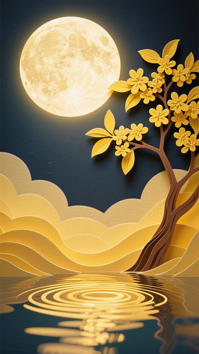 撕纸风与剪纸风融合，月光映照下的金花树静谧唯美，水面涟漪泛起诗意波纹，中式意境中透出梦幻优雅，尽显中秋佳节的文艺浪漫。