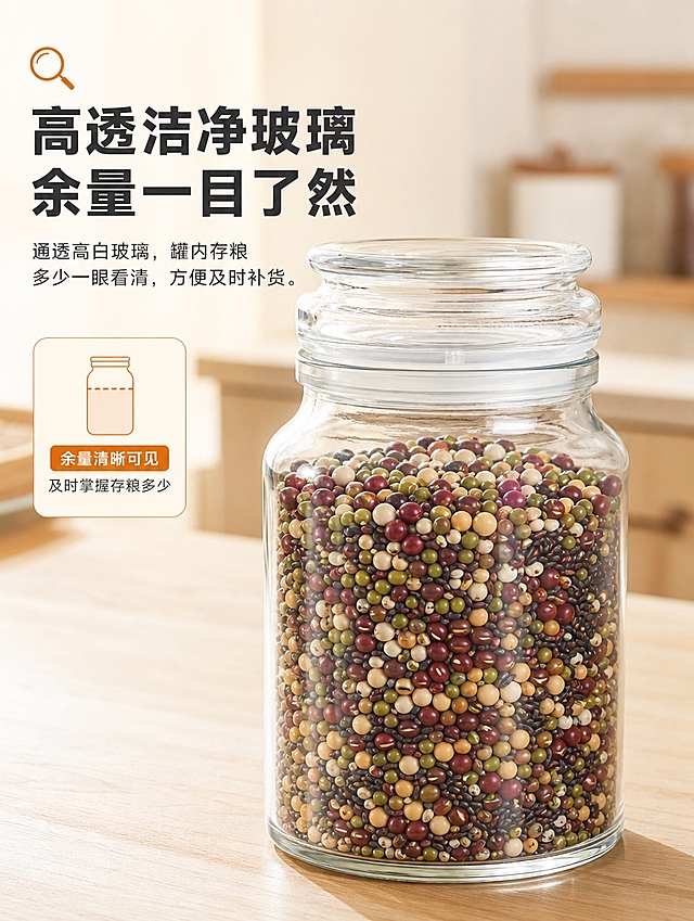 [商品] 使用【图1】透明玻璃储物罐；保留圆柱形罐身、宽口、玻璃盖+硅胶密封圈结构、透明高白玻璃材质；罐内装满各色杂粮（红豆、绿豆、黑米等），粮食颗粒清晰可见，罐体结构与原图完全一致。
[画面] 目标：卖点②高透洁净玻璃，展示高透材质让余量一目了然。构图：罐内装满杂粮的实拍大图，产品占画面65%-75%，居中偏右放置，左侧或上方留白放文案。景别：中近景，正面展示整罐杂粮，玻璃通透，颗粒分明，能清晰看到粮食高度和余量。背景为虚化的浅木色台面和浅色橱柜。
[视觉] 套系策略：风格=温馨居家商业摄影风；标题字=粗黑体；正文字=常规黑体；主色=暖米白；背景延展=基于暖米白做深浅层级、同色渐变和细腻木纹/石材质感；强调色=暖橙棕，仅用于小面积图标、引线和标签；标题色=深炭灰；正文色=中暖灰；组件=圆角浅底信息卡、细线引线、图标标签；光影=左前侧柔和自然光，暖调，突出玻璃高透质感和杂粮颗粒清晰度。
[文字] 左上区域：大标题"高透洁净玻璃"，副标题"余量一目了然"，正文"通透高白玻璃，罐内存粮多少一眼看清，方便及时补货。"配🔍放大镜小图标。文字不遮挡罐体中部杂粮展示区。
[规格] 图片比例3:4竖版，4K分辨率，负向提示：避免变形、错字、文字过小、冷蓝/蓝灰背景、罐体结构改变、玻璃发雾不通透、杂粮颗粒模糊。