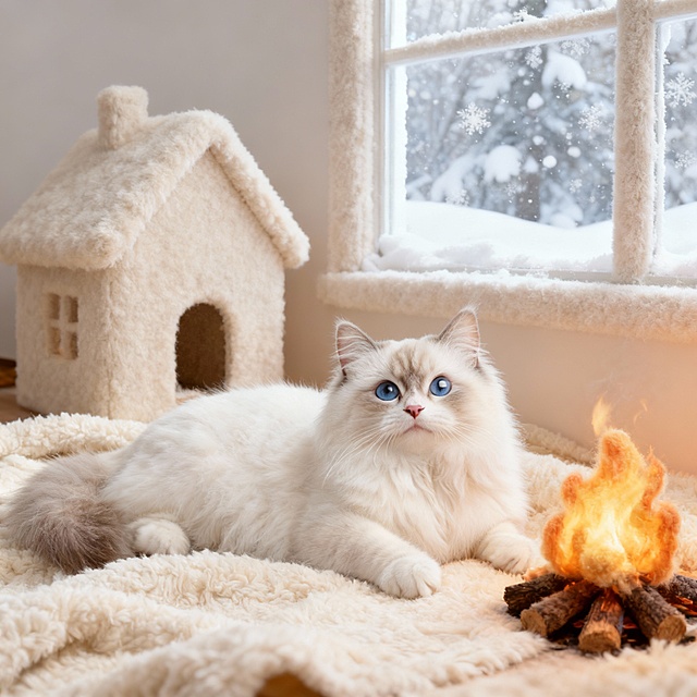 3D重拟物风格，毛发生长细腻，面料质感柔软，虚拟现实场景营造温馨梦幻的冬日氛围，窗边雪景与暖火相映，尽显舒适治愈感。