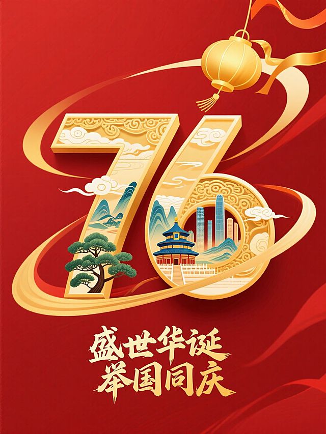 以深红色为背景主色调搭配金色动态曲线，用金色艺术感数字 “76”，内部填充中国传统山水画卷风格，融入天坛、现代摩天大楼等标志性建筑，搭配祥云、灯笼等元素，融入金色艺术感文案“盛世华诞 举国同庆”。