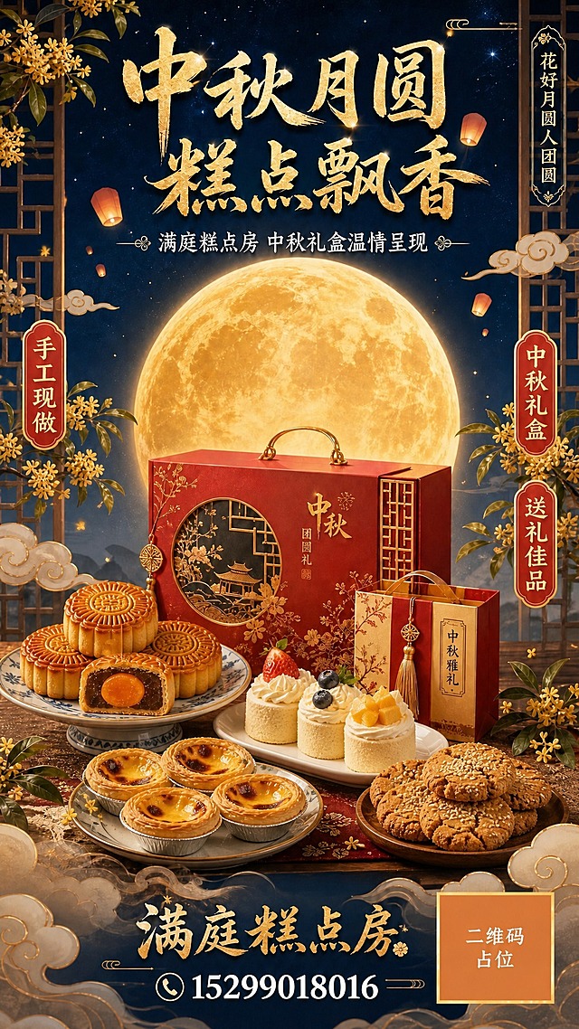 在保持原有海报整体风格、版式布局、文字内容、背景月亮、桂花枝、祥云、窗棂、孔明灯等所有元素不变的基础上，修改画面中部的糕点展示区域：

将原有糕点替换为以下四种产品，丰富陈列，保持中式摆盘美感：
1. 【月饼】：广式蛋黄莲蓉月饼，有完整的和切开的，金黄酥皮带花纹，内馅可见咸蛋黄，放在精致瓷盘上
2. 【小蛋糕】：2-3个精致迷你奶油小蛋糕，顶部有奶油裱花和水果点缀，放在白色碟子上，造型小巧可爱
3. 【蛋挞】：4-5个葡式蛋挞，金黄色酥脆挞皮，嫩滑的蛋挞液表面带焦斑，放在蛋挞托或小碟中
4. 【桃酥饼干】：若干块传统桃酥饼干，表面有裂纹和芝麻，色泽金黄酥脆，堆叠在木盘或瓷盘中

四种糕点围绕中秋红色礼盒错落摆放，层次丰富，色泽诱人，保持整体国风中秋氛围和光影一致性。

所有文字内容、店铺名称、电话、二维码占位、主标题、副标题、卖点标签全部保持原样不变。