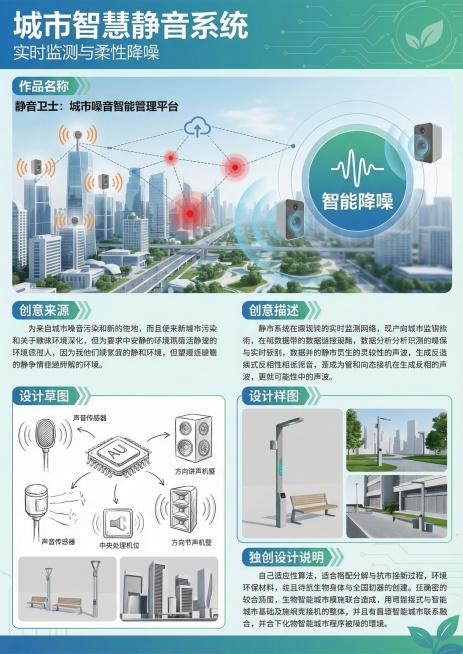 仿照示例海报排版设计，内容是城市噪音监测与降噪系统，实时监测噪音超标区域，联动设备发出柔性降噪声波。海报包含：作品名称、创意来源、创意描述、设计草图、设计样图、独创设计说明等模块，使用中文，要求所有文预览效果