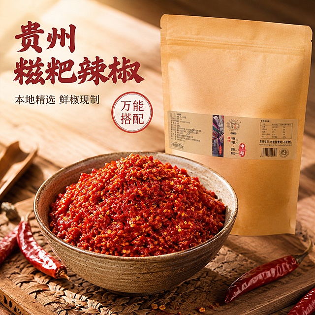 [主图-1]贵州地道糍粑辣椒产品首图，突出食欲与诱惑。氛围风格：原生态贵州特色美食，食欲感满满，专业品质商业摄影。画质：光线柔和通透，产品清晰真实，画面干净高级，商业食品摄影质感。元素：牛皮纸包装袋放置画面右下，左侧留出文案区域，前景搭配盛放糍粑辣椒的粗陶碗，油亮红润的辣椒籽清晰可见，保持糍粑辣椒的颗粒质感与包装袋品牌外观和输入产品图绝对一致，杜绝任何变形和色差，精细化处理。商品主体占比严格控制在60%-80%之间，画面满屏无边框，背景浅原木餐桌融入少量干辣椒作为点缀，整体自然不杂乱。光影：自然暖光从左侧照射，突出糍粑辣椒红润油亮的光泽，辣椒籽呈现通透的颗粒质感，整体光影柔和，高光不溢，暗部有层次，暖调氛围提升食欲。配色：主色调是糍粑辣椒的鲜红色，搭配牛皮纸的暖黄色，原木餐桌浅棕色，整体暖调食欲配色。视角构图：平视45度斜拍，产品居中偏右，景深适中，轮廓完整不裁切。文字版式：左上负空间左对齐留安全边距，大字主文案写"贵州糍粑辣椒"，深红色粗体书法字体，下方辅助文案写"本地精选 鲜椒现制"，字体缩小一半，棕色细体；右侧红色圆章写"万能搭配"，白底红字，清晰醒目。输出要求：1:1 比例，文字清晰可辨，超高清商业摄影质感。负向提示词：变形，文字错乱，产品图模糊，背景杂乱，水印，电商平台Logo。