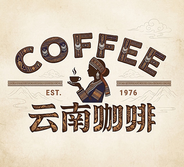 优化这张云南咖啡logo，保留原有设计，增强云南民族特色元素，让字体更有创意，整体保持简洁风格，背景做简化处理