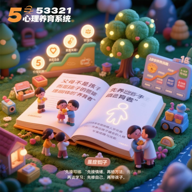 用文字+配图的方式画出下面内容：这本书的核心观点可以概括为一句话：  
“父母不是孩子的塑造者，而是孩子心理自体的‘养育者’；先养出孩子健全的人格，再谈成绩与技能。”

围绕这句话，默薇老师用“533预览效果